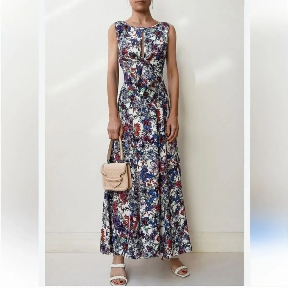 SCANLAN THEODORE Bow Watercolor Floral Maxi Dress VNECK back Size Small